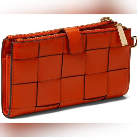 Orange Michael Kors Large Flat Phone Case Wristlet Wallet Grid Poppy - Picture 7 of 7